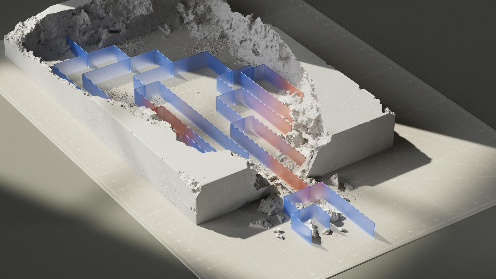 A rectangular block of white material resembling plaster or concrete is partially excavated to reveal a glowing blue and red maze. The scene conveys a sense of discovery.