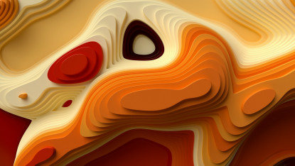 Abstract image of layered contours with shades of orange, red, and cream, forming fluid, wave-like shapes. The pattern suggests depth and movement.
