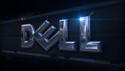 Shiny metallic Dell logo on a textured dark background with a blue lens flare, conveying a sleek and modern tech aesthetic.