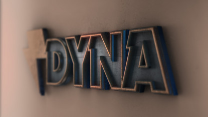 Bold, metallic 3D letters spell out "DYNA" with a slight shadow against a neutral background. The letters have a sleek, modern look, evoking strength and dynamism.