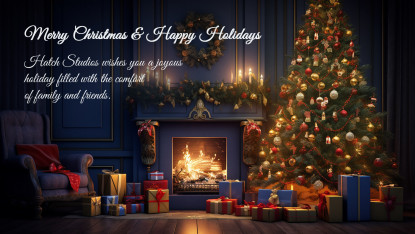 A decorated Christmas tree surrounded by colorful presents, with a cozy fireplace glowing in the background.