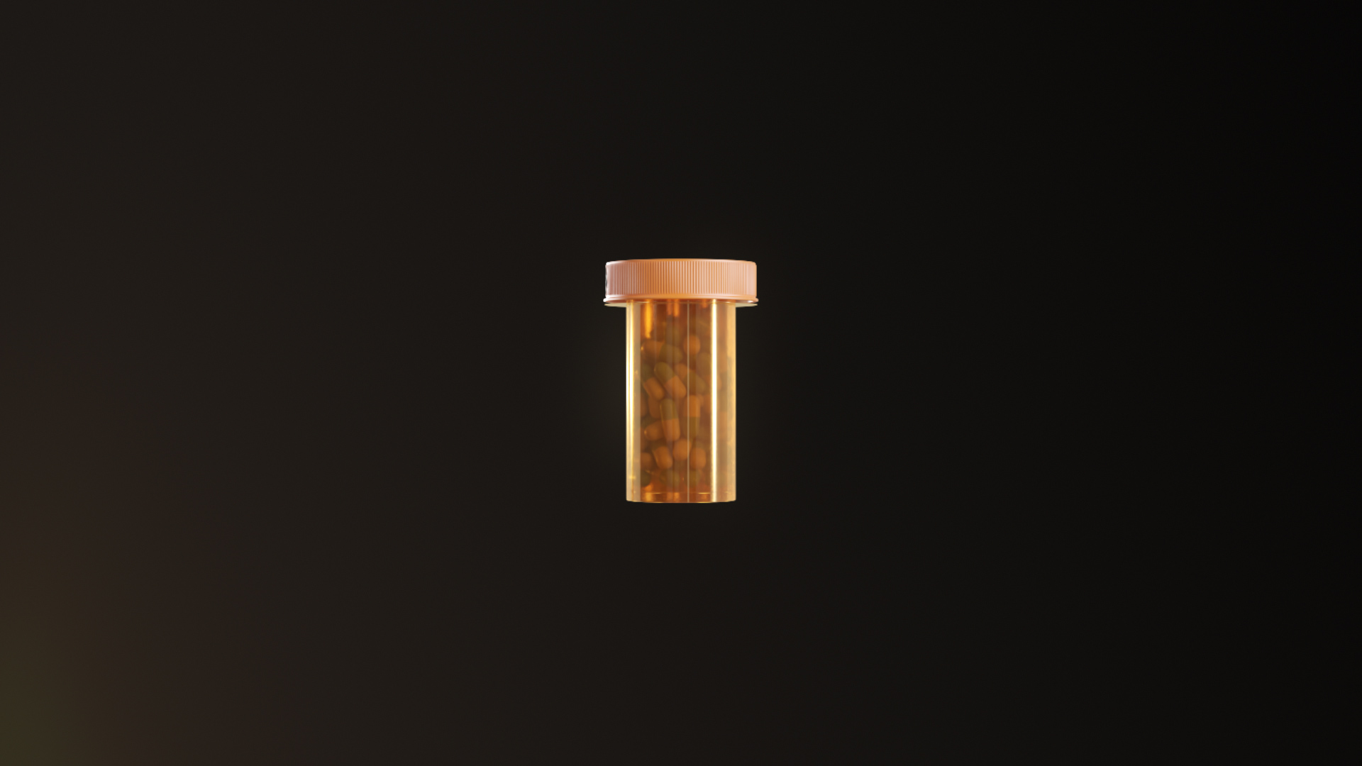 Orange pill bottle with a white cap floating against a dark background, filled with small tablets. The scene is minimalistic and evokes a clinical atmosphere.