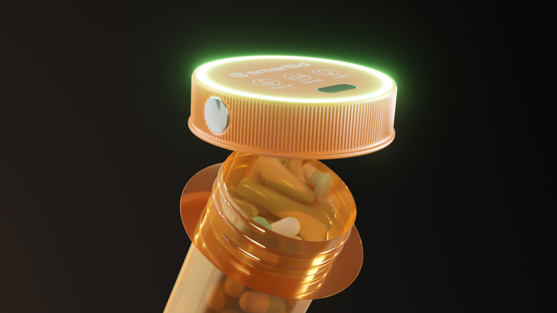 Open orange pill bottle with various pills inside and a glowing smart cap. The cap displays icons and emits a green light, set against a dark background.