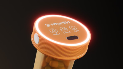 Orange pill bottle with a smart lid glowing, featuring voice, sound, and light icons. The tone is futuristic and innovative against a dark background.