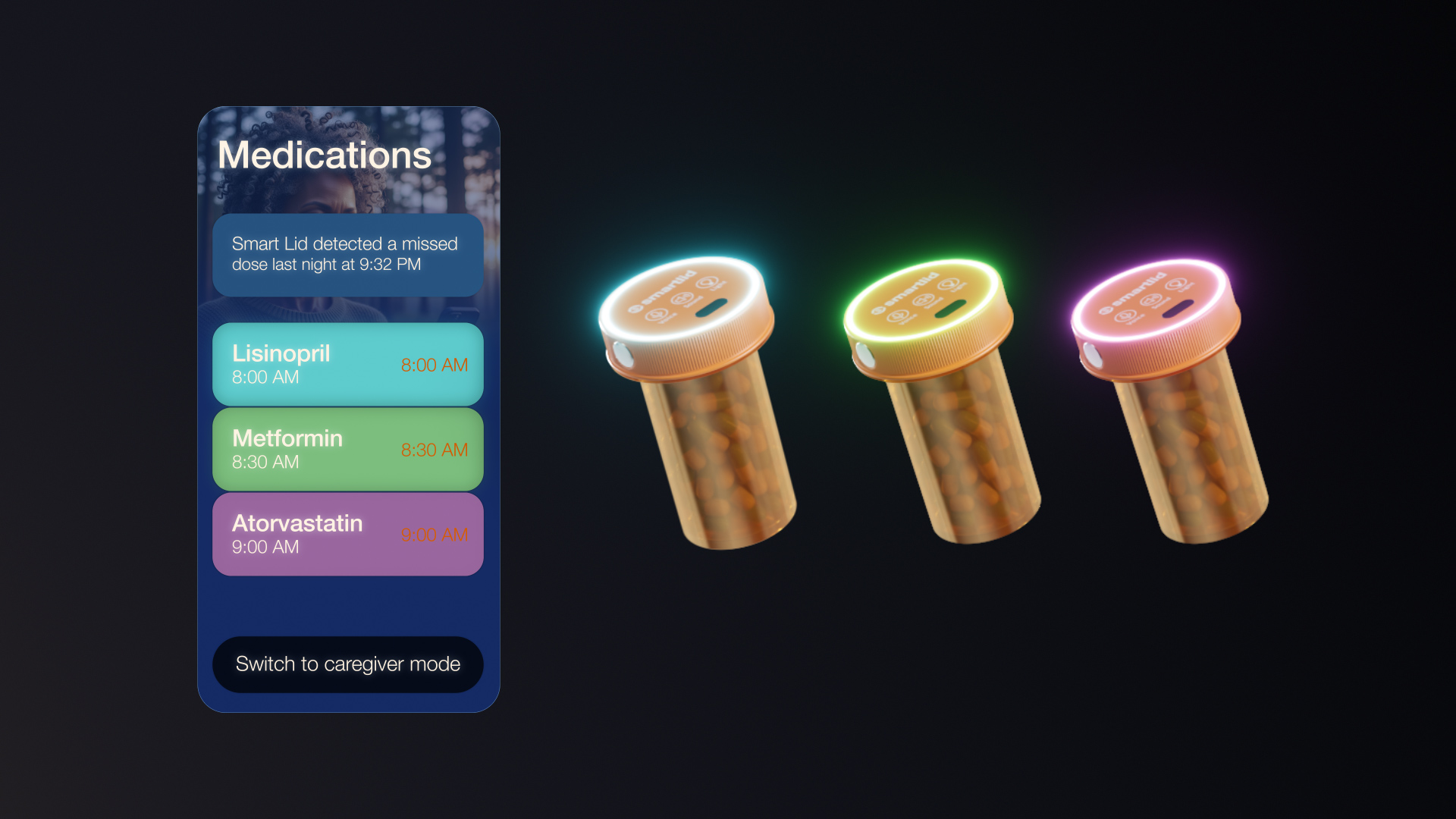 Digital display shows a medication schedule with times for Lisinopril, Metformin, and Atorvastatin. Three glowing pill bottles are next to the schedule, each with a colored lid indicating different medications. The background is dark, emphasizing the bright interface and bottle lids.