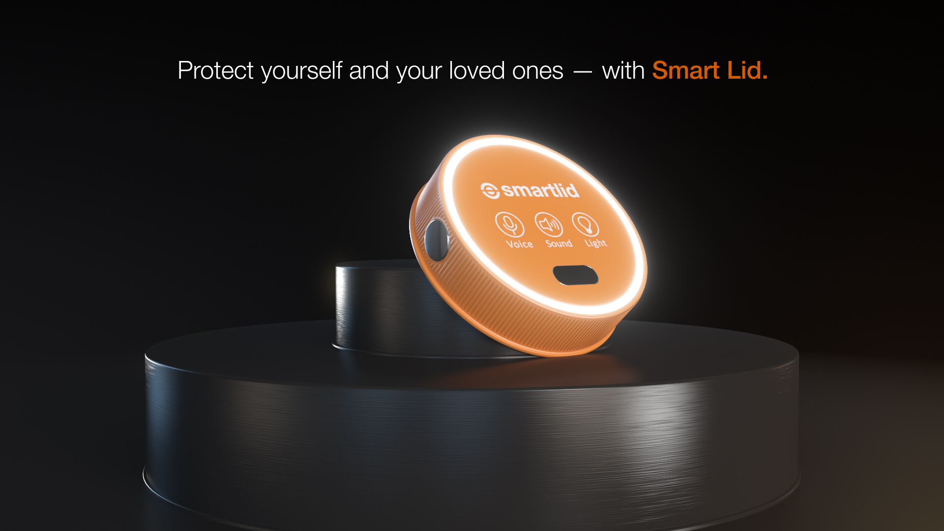 A glowing orange device labeled "smartlid" sits on a dark pedestal. Icons for voice, sound, and light are displayed, with text above reading, "Protect yourself and your loved ones — with Smart Lid."