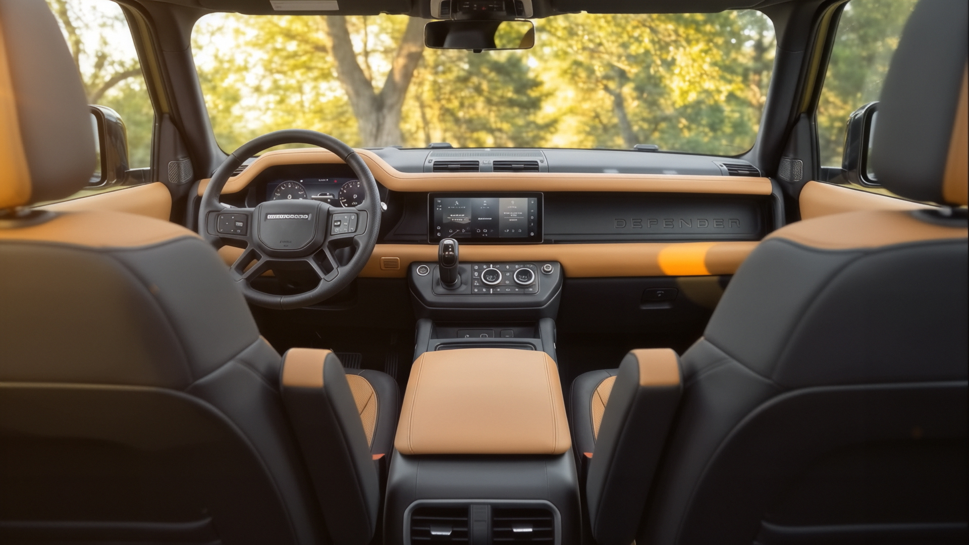 Luxurious SUV interior with a leather black and tan color scheme. The dashboard features a digital display and control panel. Sunlight filters through trees.