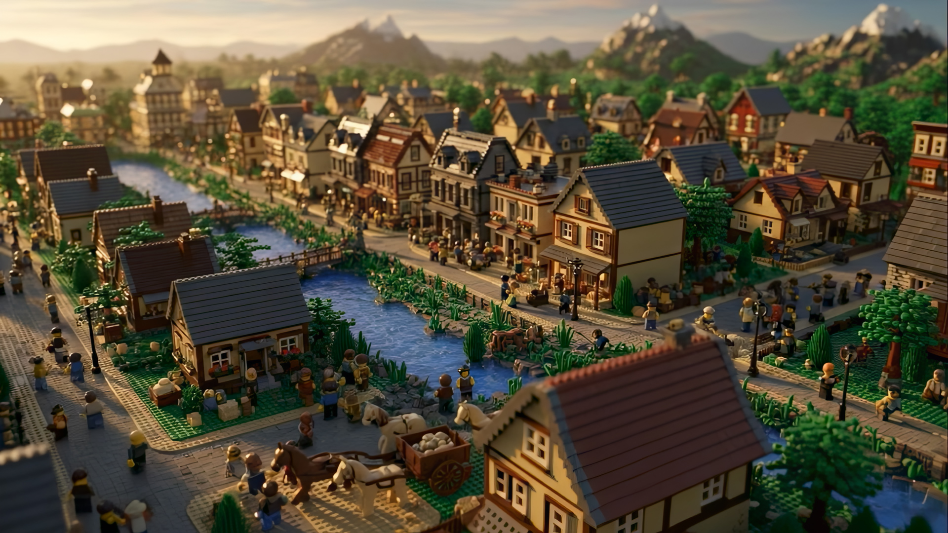 A vibrant Lego village scene features cobblestone streets, quaint houses, a flowing river, and bustling minifigures. Mountains and trees dot the serene background.