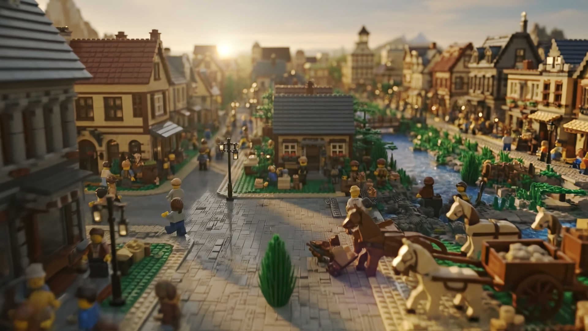 A detailed LEGO village scene at sunset, featuring cobblestone streets, horse-drawn carriages, and bustling minifigures. The scene feels lively and nostalgic.