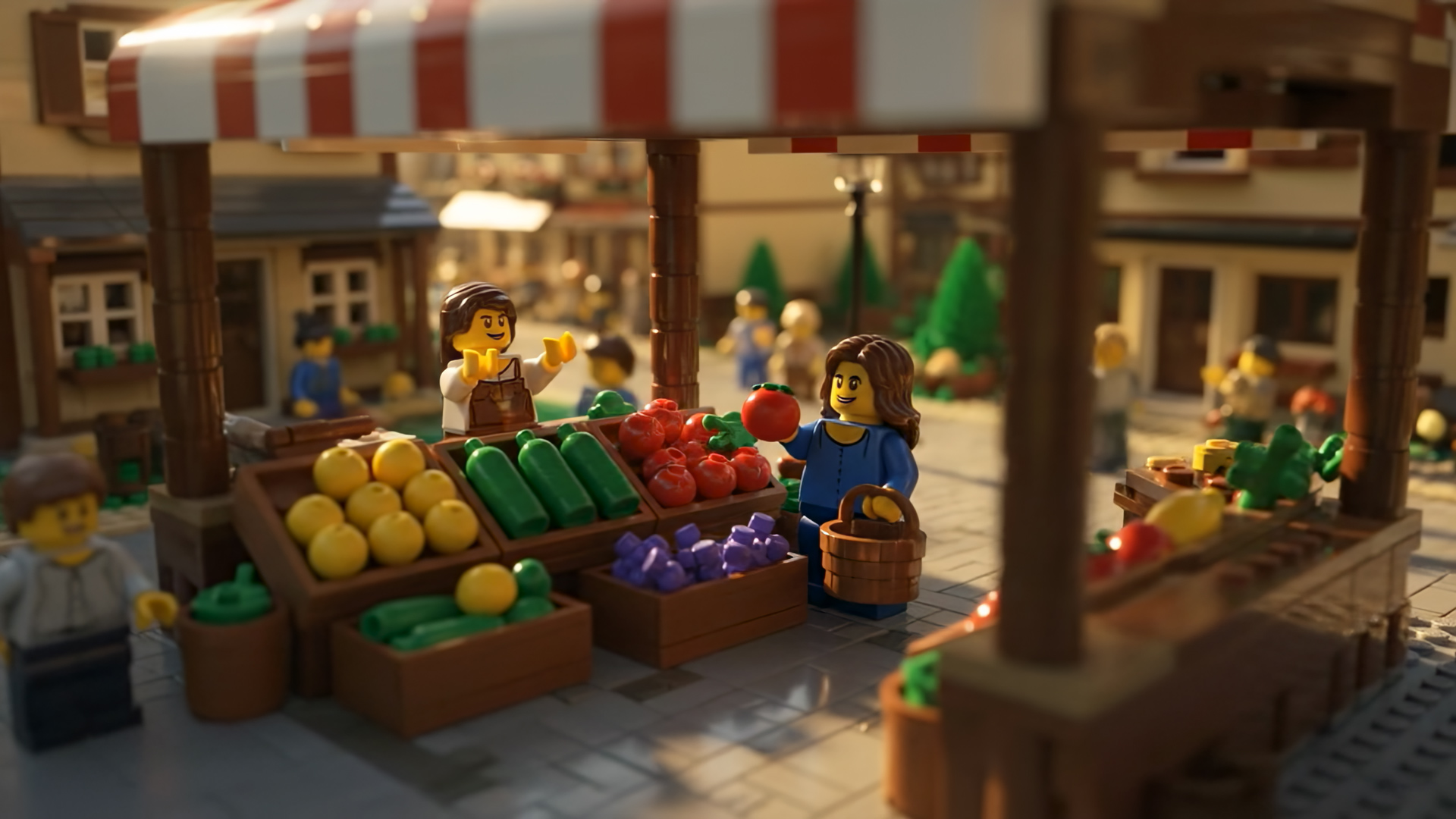 Lego figures at a vibrant market stall under a striped canopy, surrounded by colorful produce like tomatoes, lemons, and eggplants, creating a cheerful, bustling scene.