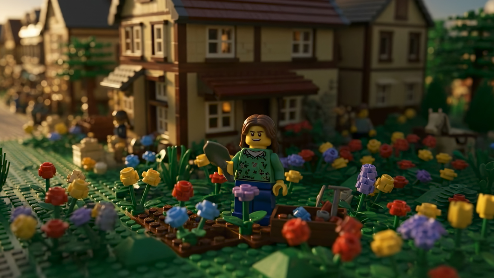 A Lego figure with long hair is gardening amidst a vibrant array of Lego flowers in front of a detailed Lego house. The scene conveys a cheerful, playful tone.