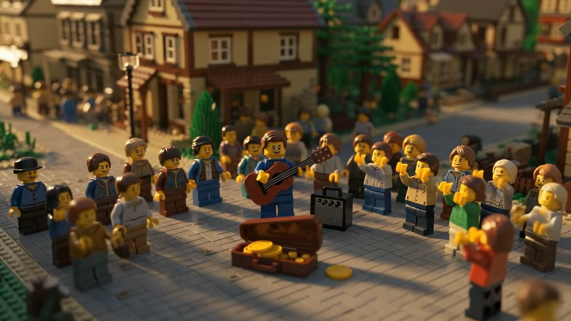 A LEGO town square scene shows a musician with a guitar performing to a clapping crowd. The atmosphere is lively and warm with sunlight casting soft shadows.