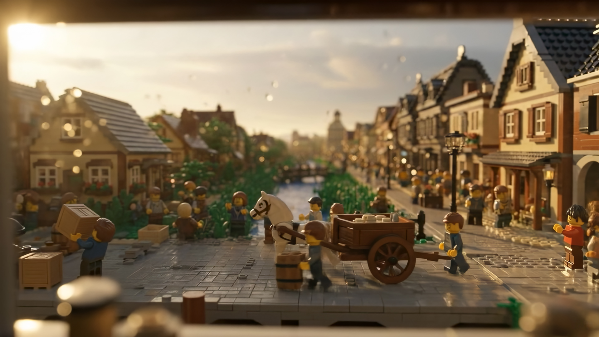 A bustling Lego town scene at sunset, featuring mini figures on cobblestone streets with a horse-drawn cart, lined with detailed buildings and greenery.