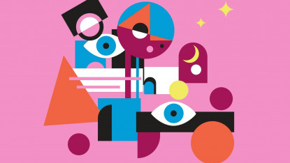 Abstract art with vibrant geometric shapes on a pink background. Features circles, triangles, eyes, and stars, conveying a playful, whimsical tone.