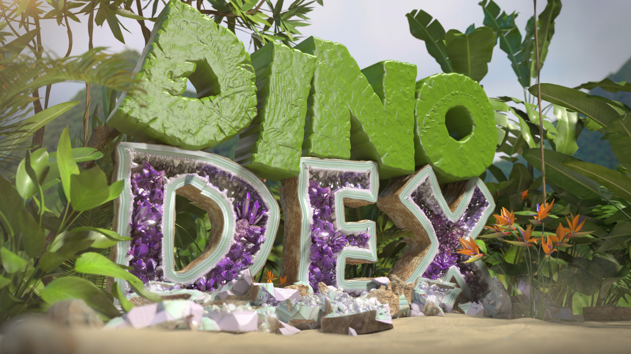 Promotional image for "Dino Dex," showcasing colorful dinosaur characters and an adventurous game environment.