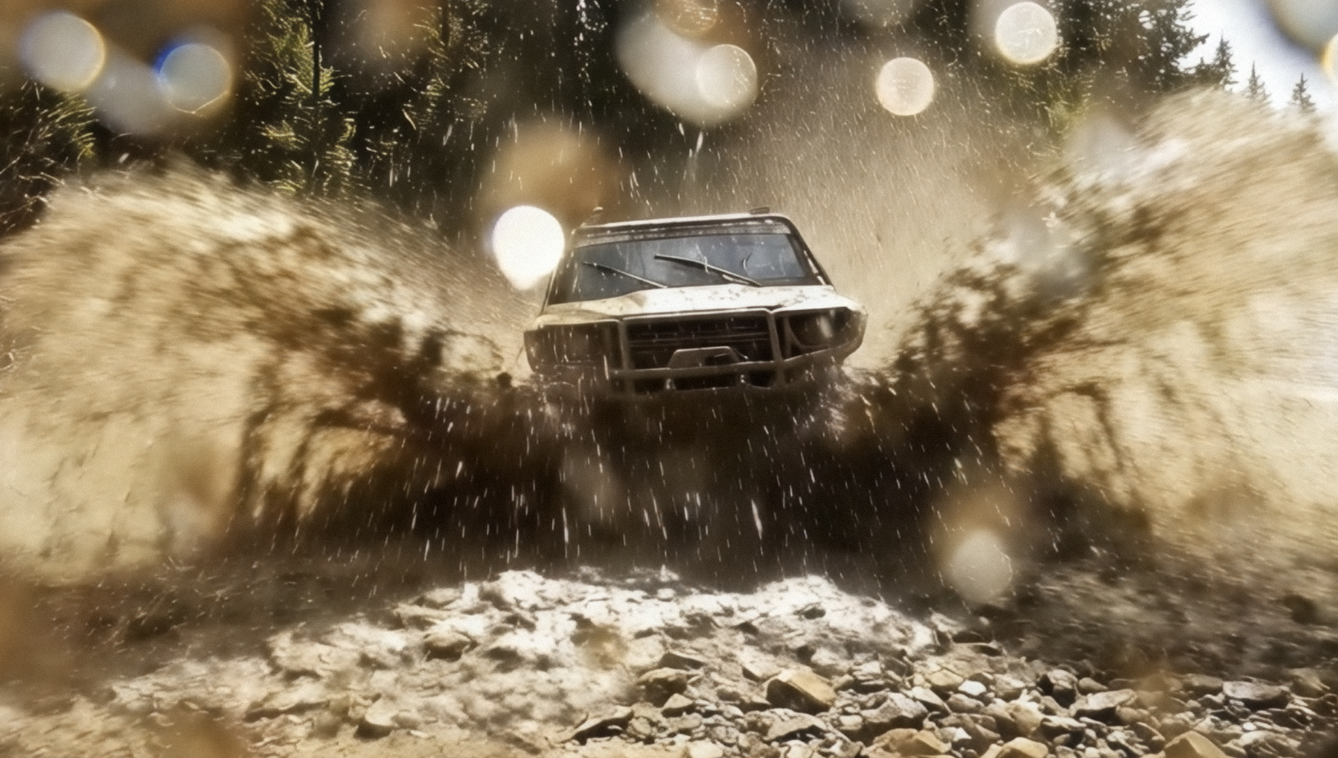 SUV charging through muddy terrain, splashing water in all directions. Sunlight filters through trees, highlighting the dynamic, adventurous scene.