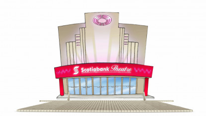 Illustration of a theater facade with art deco style, featuring a red marquee reading "Scotiabank Theatre" and a wide entrance with glass doors.