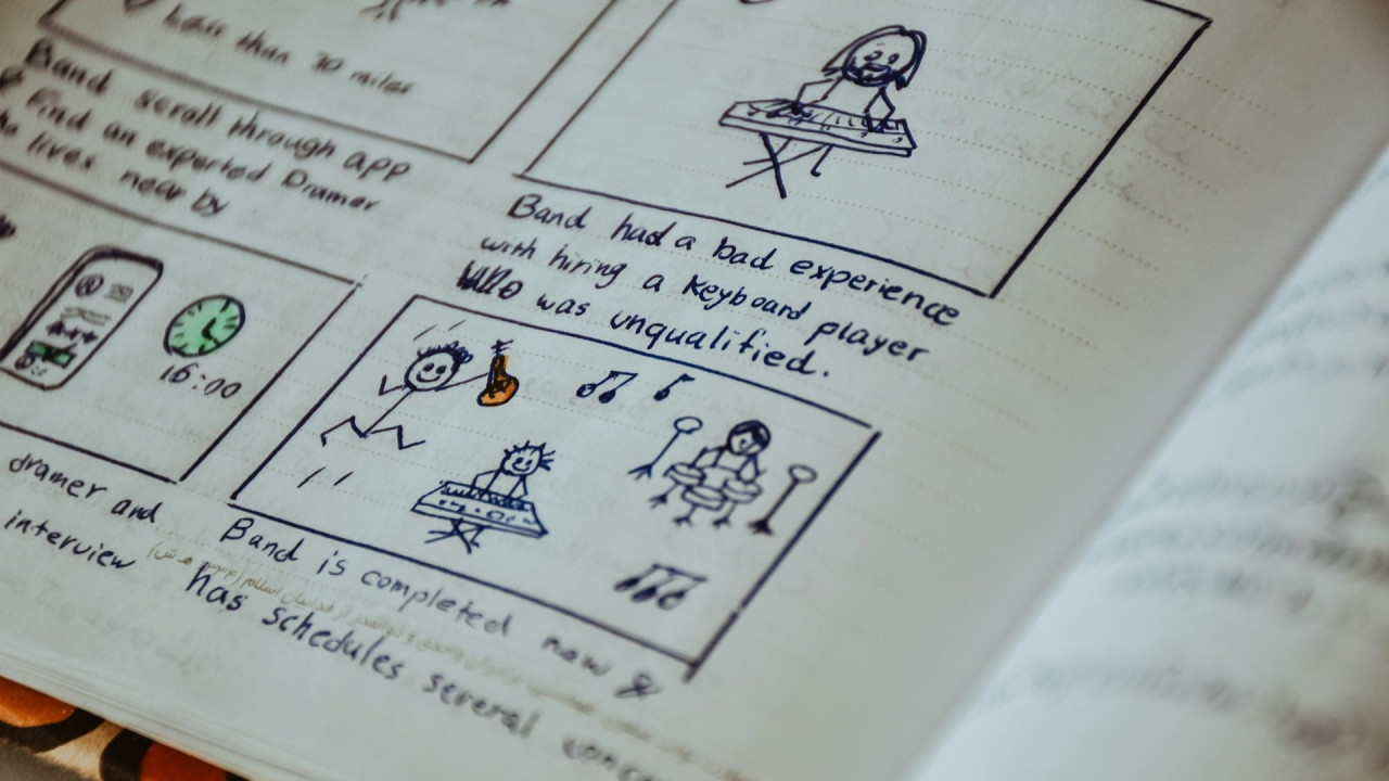 Notebook page featuring hand-drawn comic panels. One depicts a person at a keyboard, labeled with text about a band’s bad hiring experience. Playful tone.