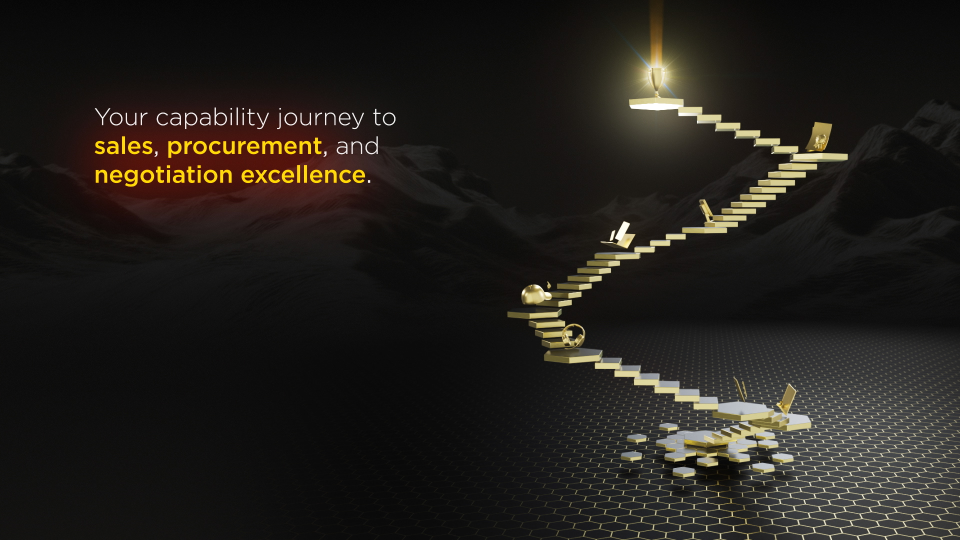 A floating staircase with various objects symbolizes sales, procurement, and negotiation growth. Text reads, "Your capability journey to sales, procurement, and negotiation excellence."