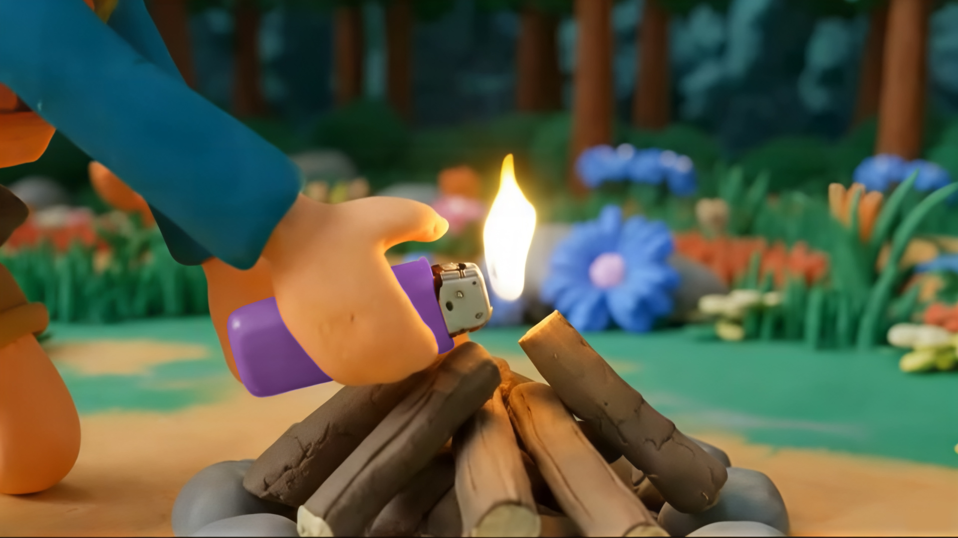 A hand holds a purple lighter, igniting a small campfire made of logs. Colorful flowers and a forest setting form the background, conveying a peaceful outdoor atmosphere.