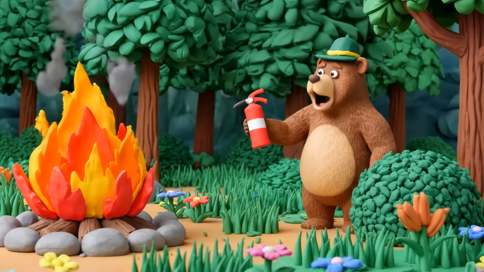 A cartoon bear looks worried in a forest, holding a red fire extinguisher, facing a campfire with bright orange flames. Green trees and colorful flowers surround them.