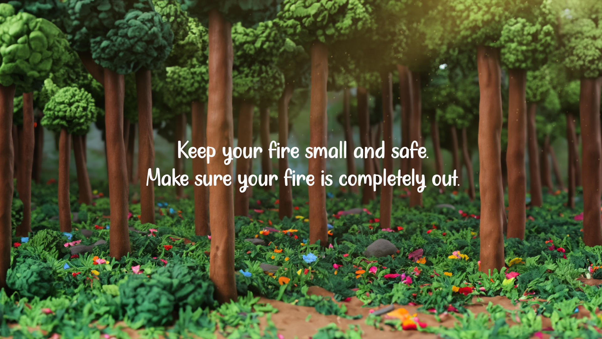 A lush forest made of clay with tall green trees and vibrant flowers on the ground. Text reads, "Keep your fire small and safe. Make sure your fire is completely out."
