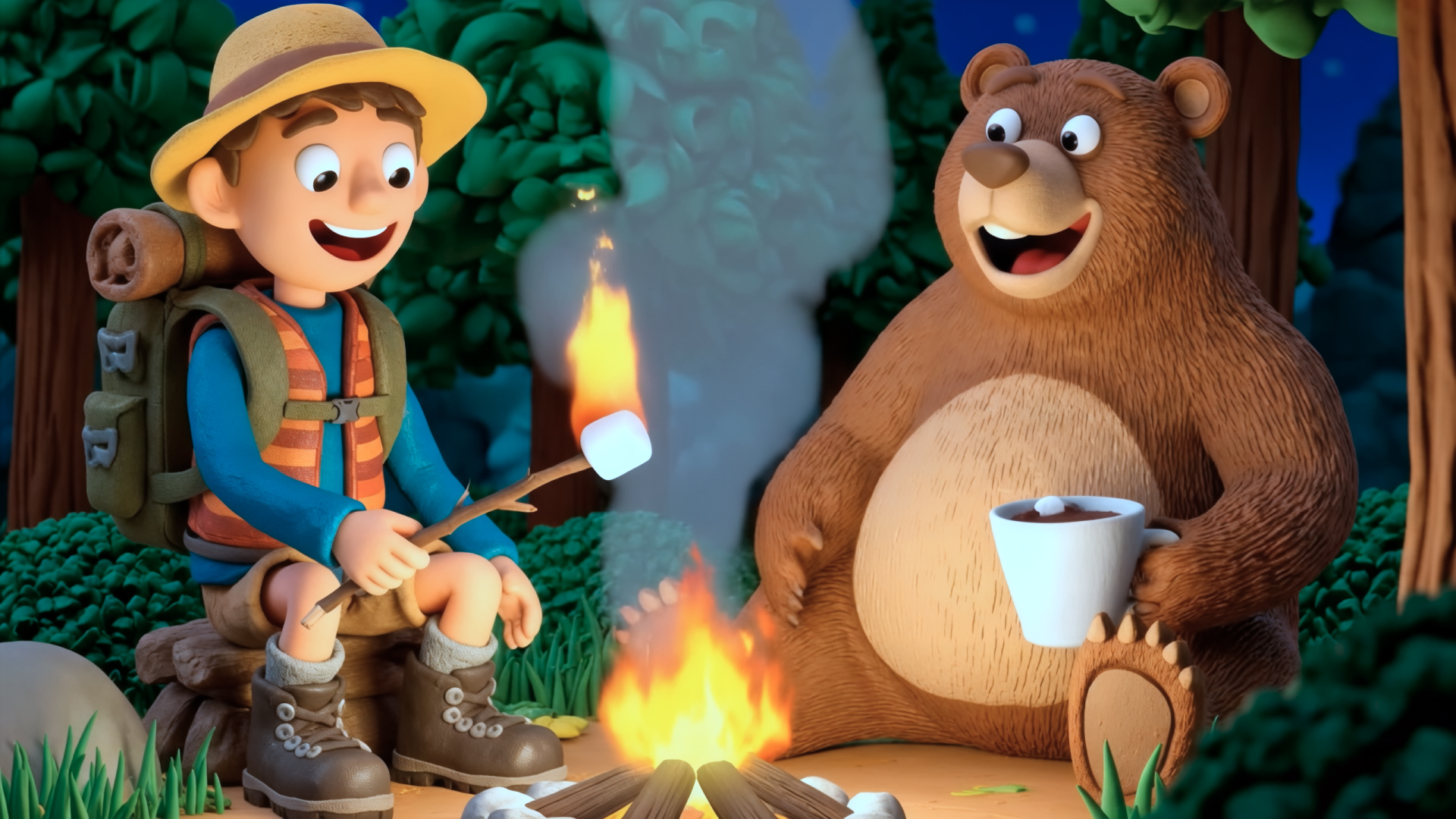 A cartoon boy with a backpack roasts a marshmallow over a campfire, while a smiling bear holds a mug. The setting is a cheerful, nighttime forest.